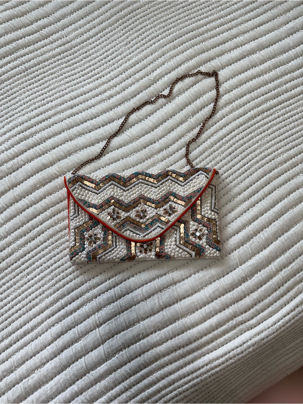 Beaded Sequin Envelope Clutch Crossbody Bag Ivory Gold Multicolor